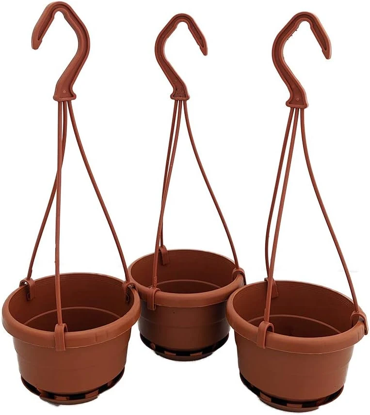 4" Mini Hanging Baskets - 3 Pack Terracotta Plastic Planters with Saucers - Image 1