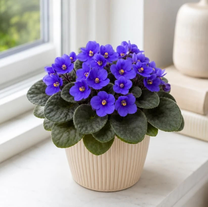 African Violet Live Plant - Blue Flowers, 3-5" Tall, 4" Pot, Compact Potted Houseplant - Image 1